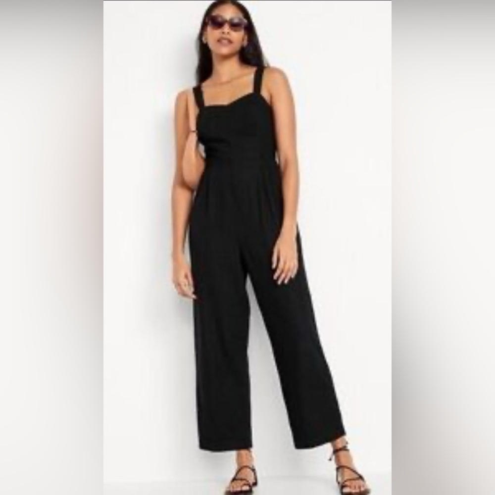 NWT Old Navy Fit Flare Black Linen Smocked Back Jumpsuit Wide Leg Casual Spring